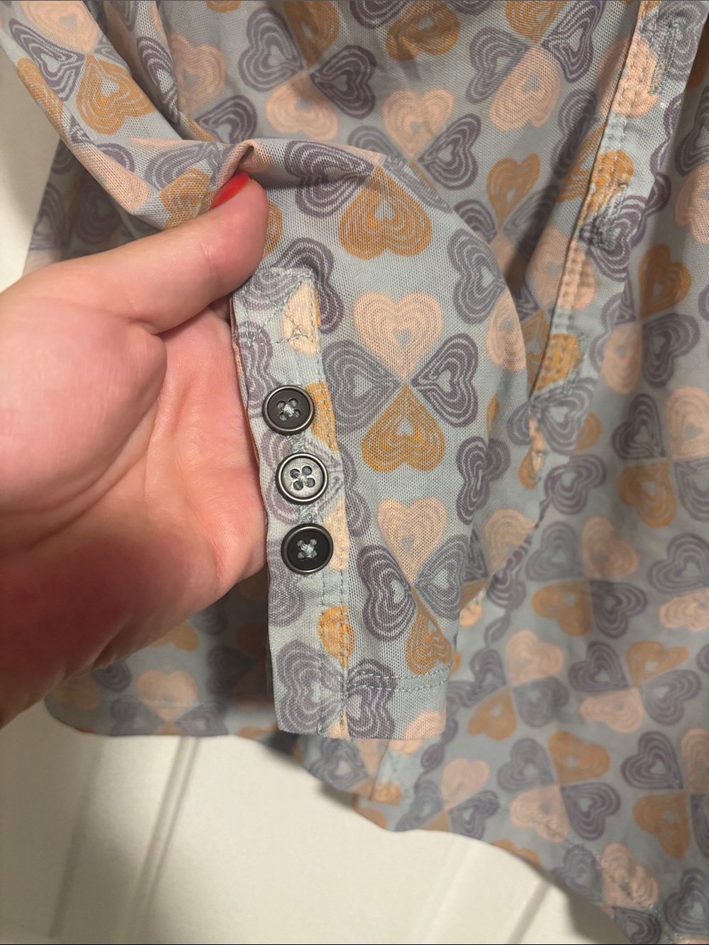 Free People Beige and Light Blue Heart-Print Ruched Button-Down Top - Picture 4 of 6
